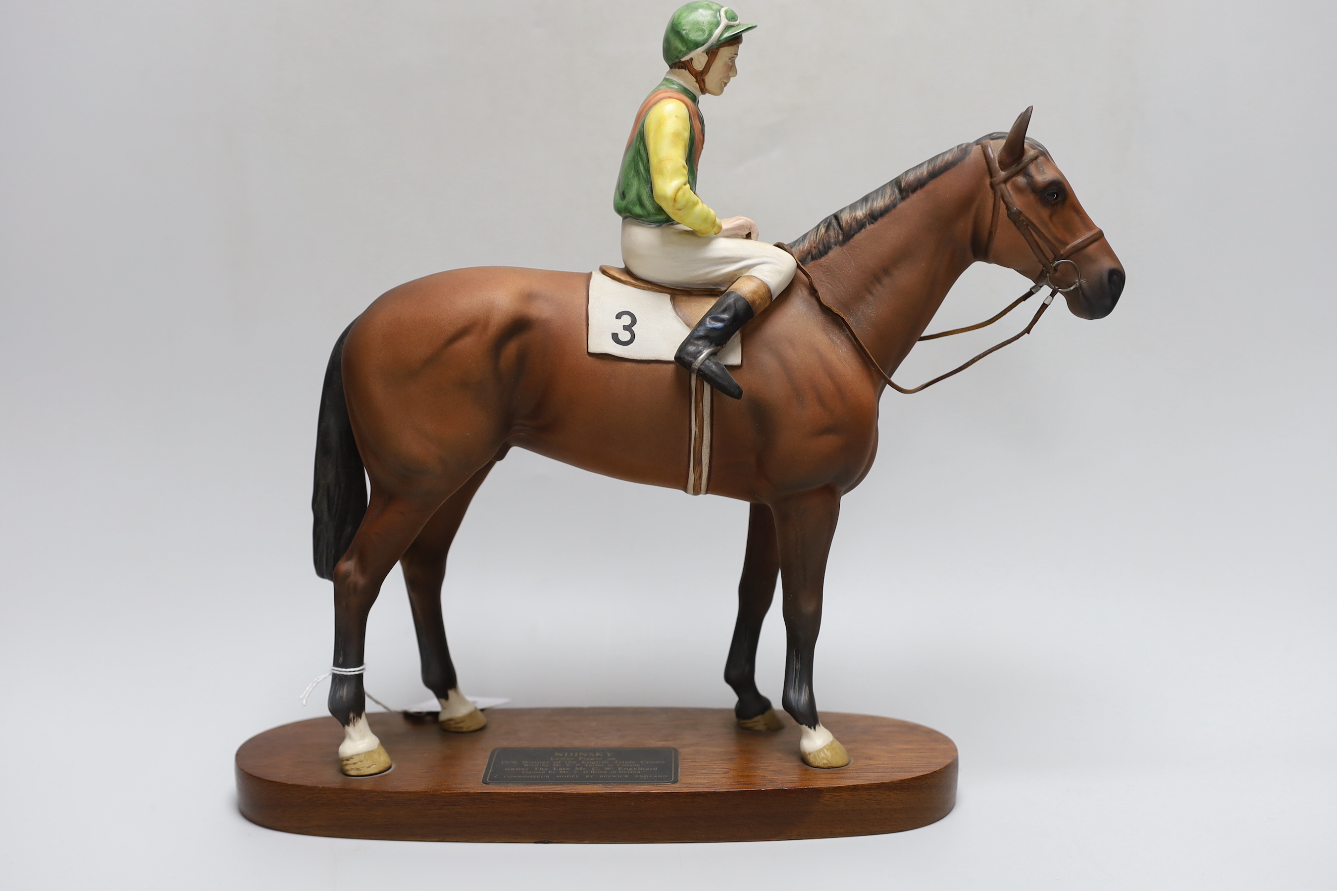 A Beswick model of a jockey and horse. ‘Nijinski, Lester Piggott up, 1970 winner of the English Triple Crown, bred by Mr. E . P. Taylor in Canada’, 32cm